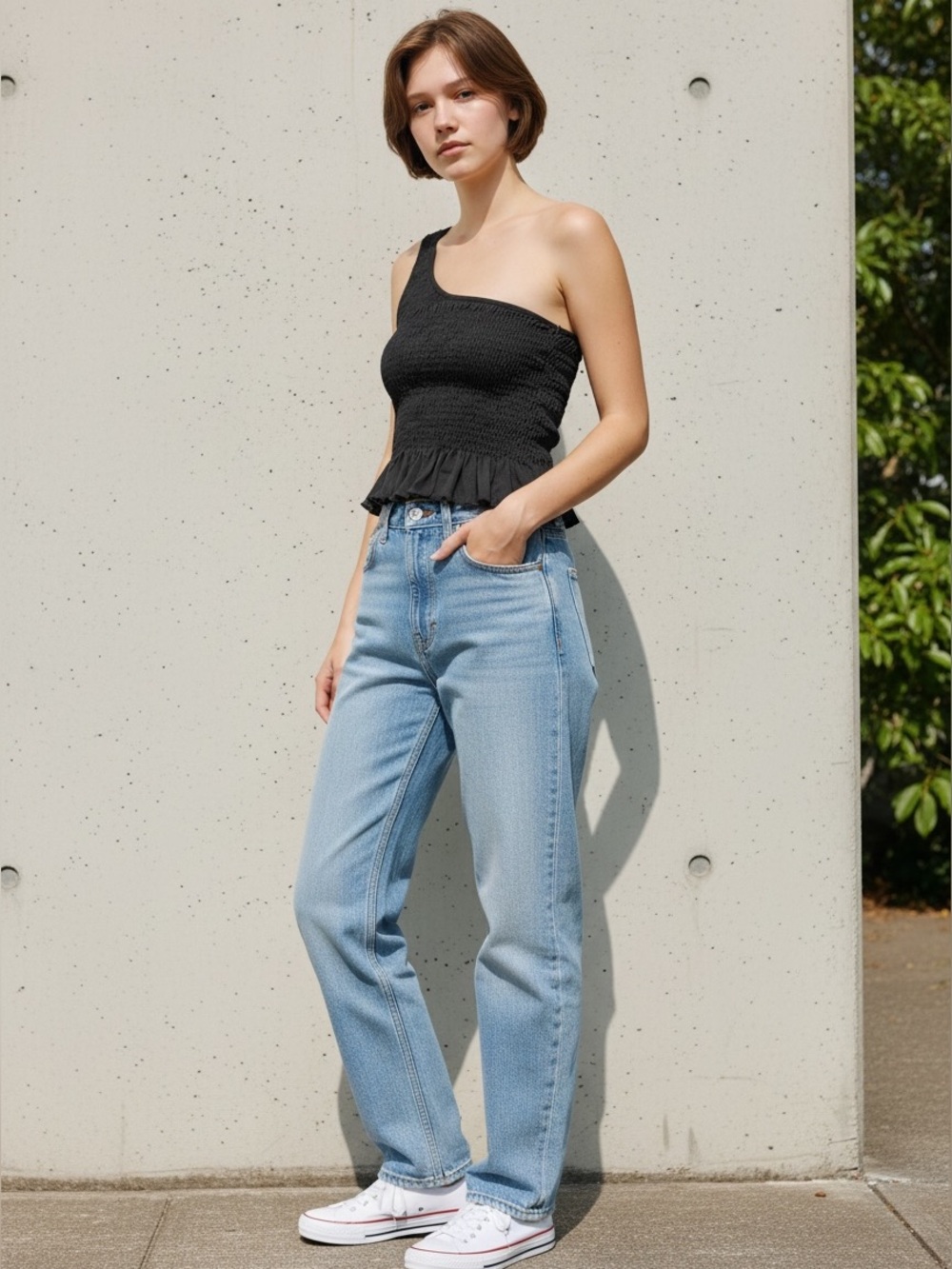 Gaze One Shoulder Smocked Ruffle Crop Top Black Size Small